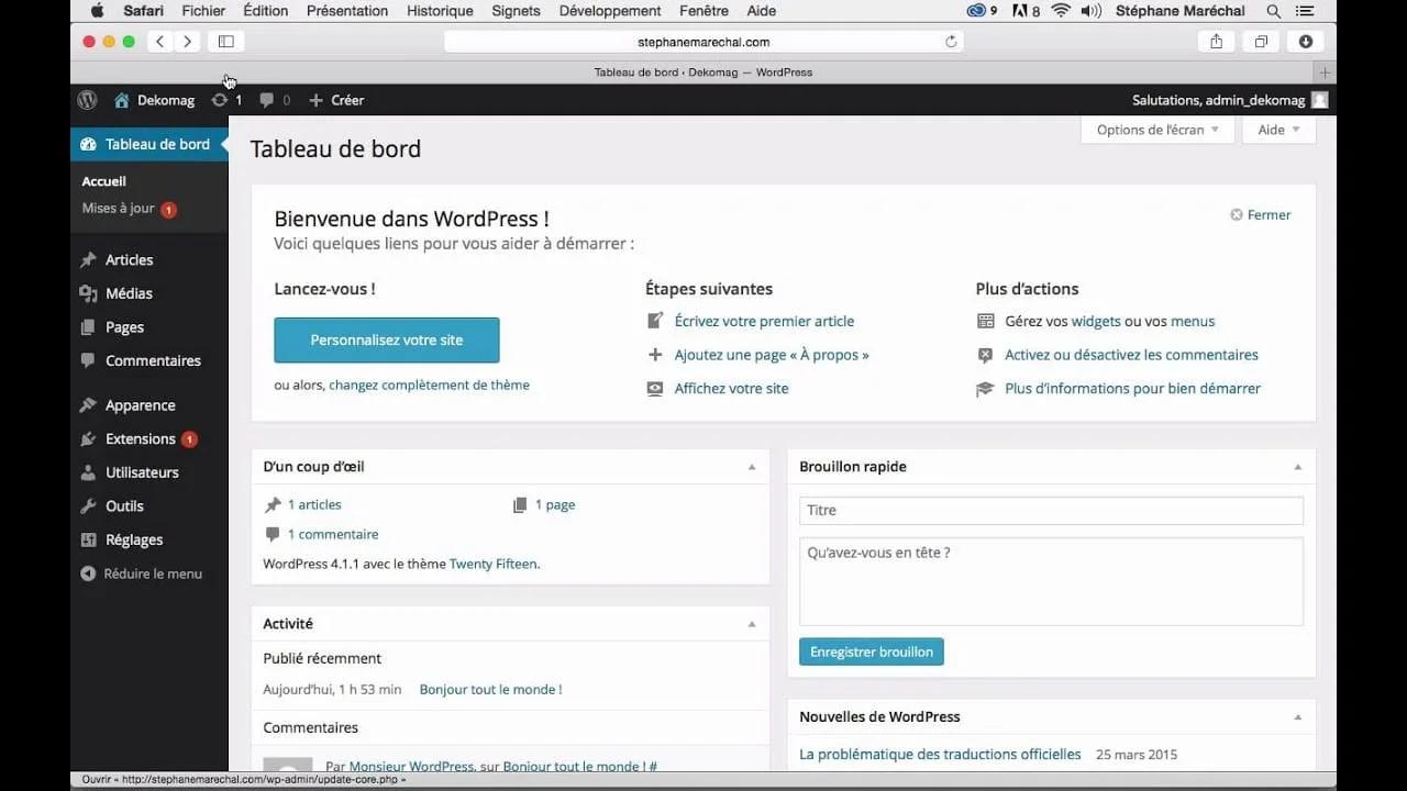 Web designer WordPress interface d'administration